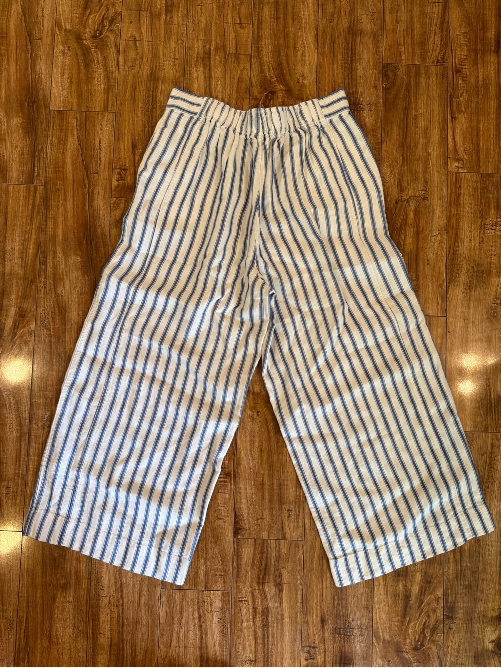 Tahari Blue White Striped Linen Wide Leg Pull On Pants Pockets Size Large - Picture 5 of 8